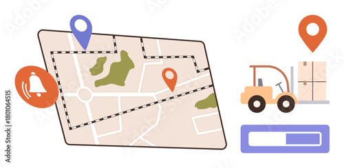 Map with route and pins, notification alert, forklift moving packages, and progress bar. Ideal for delivery, logistics, shipment management, real-time tracking, supply chain warehouse global