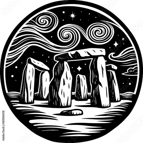 Monochrome illustration of stonehenge under a starry night sky