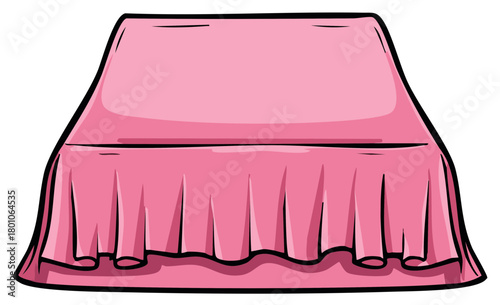 Cartoon pink tablecloth draped over table, stylized design, vector illustration with folds and rounded edges, graphic asset