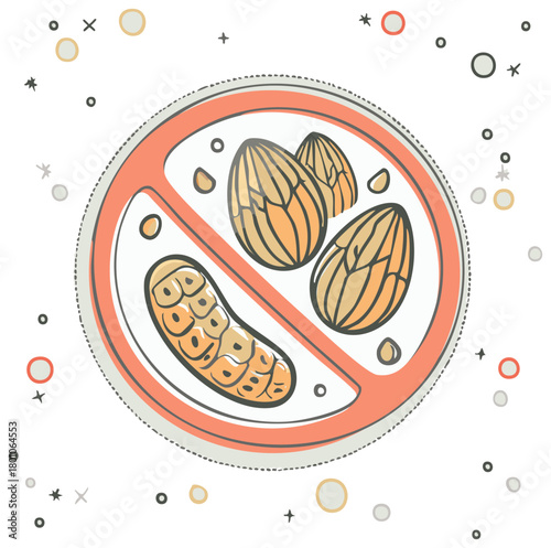 Stylized No Nuts Symbol with Almonds and Peanuts within a Red Prohibition Circle Sign, Food Allergy Conceptual Illustration