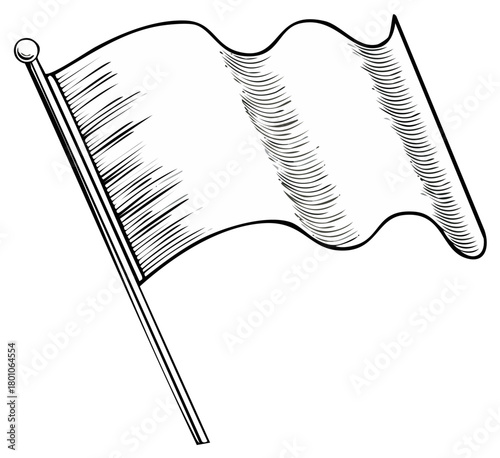 Monochrome drawing of a blank flag on a pole with waving effect and hatchings shows movement, symbol or concept illustration.