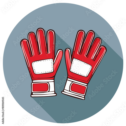 Red racing gloves with white palm patches and wristbands presented on a gray circular background
