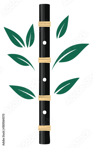 Traditional black bamboo flute with green leaves and light brown bands in minimalist style