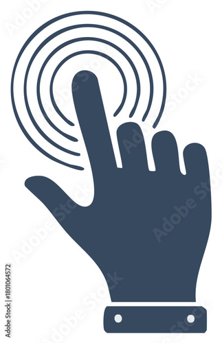 Stylized vector drawing of hand making a touch gesture with expanding rings symbolizing interaction.