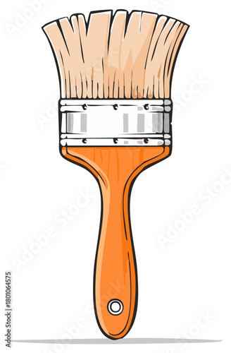 Cartoon illustration of a wide paintbrush with an orange wooden handle for painting and decorating