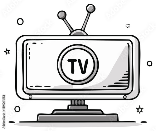 Hand Drawn Style Television Set Illustration with Antennas, Entertainment and Communication