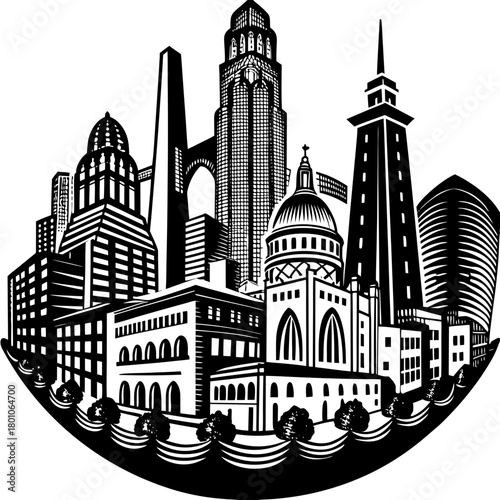 A detailed black and white skyline of a bustling city