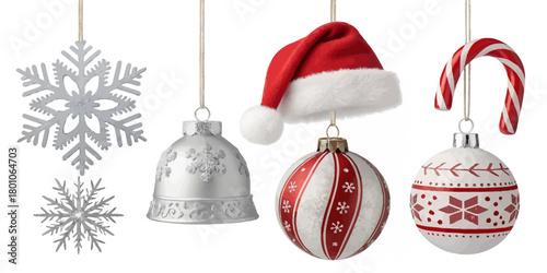 Christmas vector assorted christmas ornaments including snowflakes bell santa hat and candy cane hanging on white background