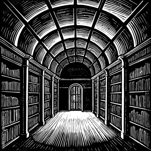 A woodcut illustration of a long library hall with bookshelves