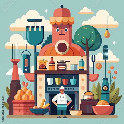 Illustration of a chef in a kitchen with food and utensils