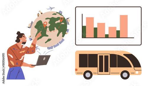 Woman with laptop analyzing map with travel routes, global locations, bar graph data, and bus image. Ideal for travel, transportation, planning, logistics analytics mobility global trends. Simple