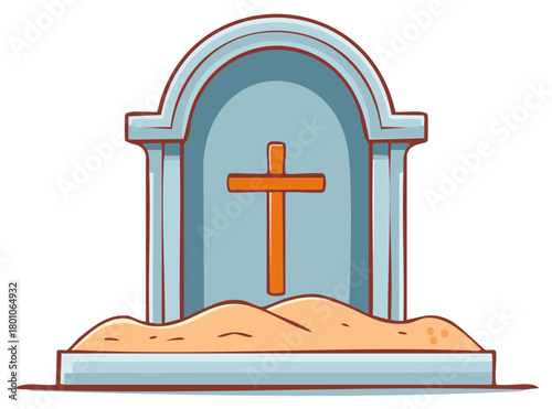 Cartoon Gravestone with Christian Cross Illustration for Burial or Remembrance Concepts