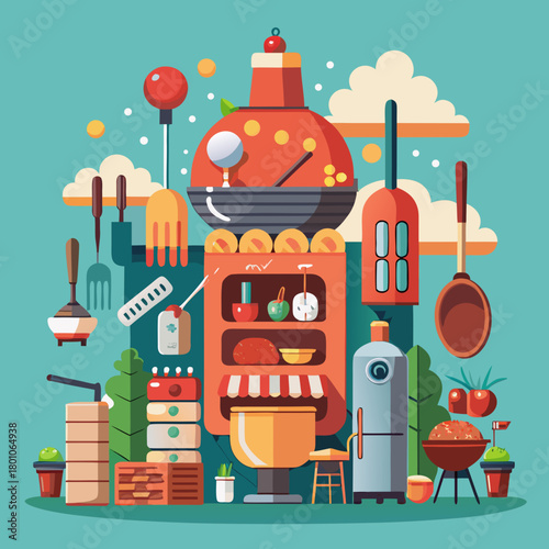 Illustration of a kitchen with food and cooking equipment