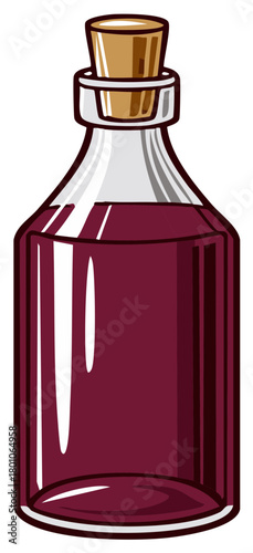Cartoon illustration of a bottle filled with a burgundy colored liquid.