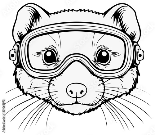 Cute ferret or weasel head wearing ski goggles, a black and white line art mascot illustration.