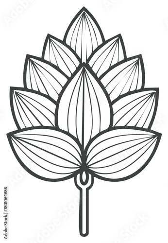 Detailed illustration of hop plant with textured leaves and stem, monochrome art style