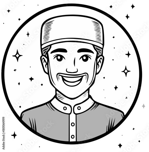Smiling Muslim Man Cartoon Illustration in Circular Frame with Stars, Avatar Icon