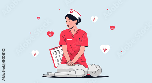 First Aid Illustration: Nurse Performing CPR on a Patient for Emergency Medical Aid