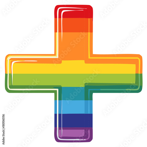 Rainbow cross symbol, representing inclusion and diversity, with colorful stripes and thick outline.