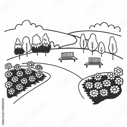 Black and white drawing of a park with benches and flowerbeds