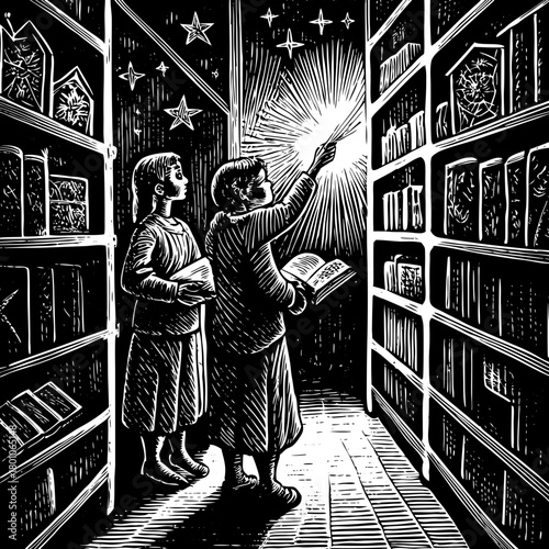 Children discover magic in a starlit library isolated on