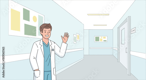 Friendly Medical Professional Giving A Welcoming Gesture Standing Inside Clean Hospital Corridor