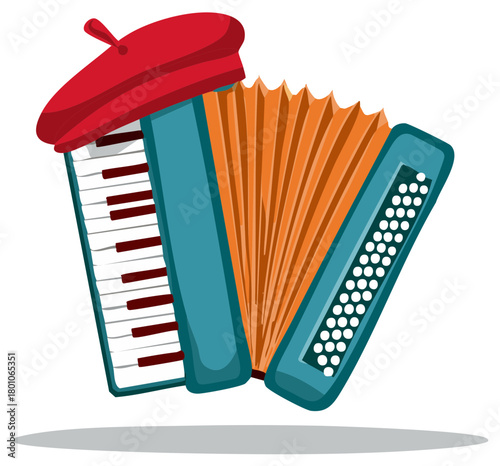 Cartoon Accordion with Keyboard and Red Beret, Musical Instrument Vector Illustration