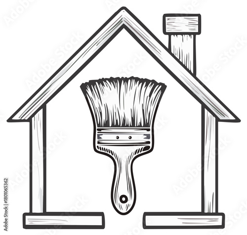 Line art illustration of house outline and paintbrush for home improvement and renovation services