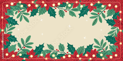 Christmas vector festive christmas background with poinsettias holly berries and string lights creating a border frame