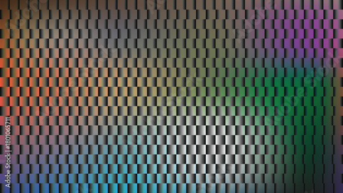 Abstract background with a metallic grid pattern and a vibrant rainbow color gradient.neon vertical stripes