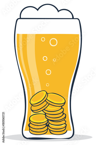 Gold coins at the bottom of a foamy beer glass vector illustration