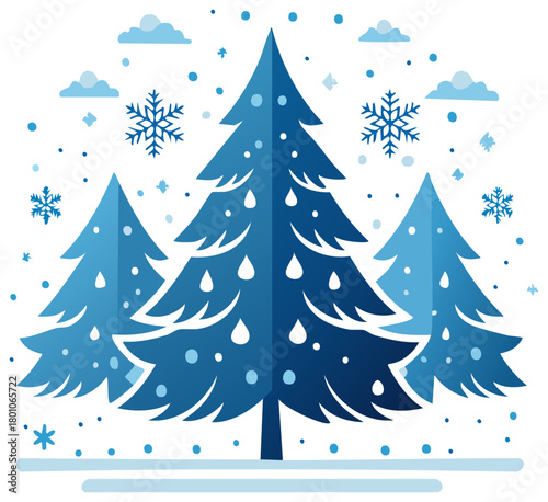 Winter Scene with Evergreen Trees and Snowflakes in Blue Tones Flat Illustration