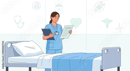 Hospital Care Nurse Near Bedside Reading Medical Report, Healthcare Professional Examining Records