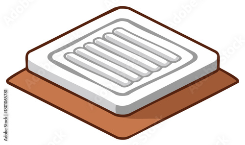 Isometric cartoon of a white mattress with quilted texture on a brown base