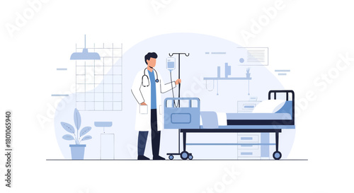 Hospital Room Scene Depicting Medical Professional and Patient Bed Illustration