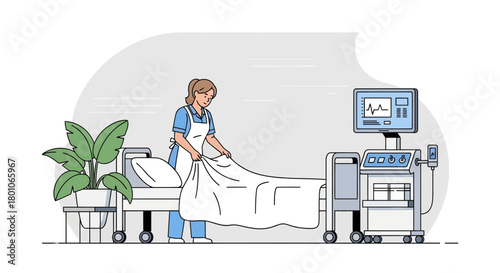 Hospital Room Scene Featuring Friendly Nurse and Medical Equipment in Detailed Illustration