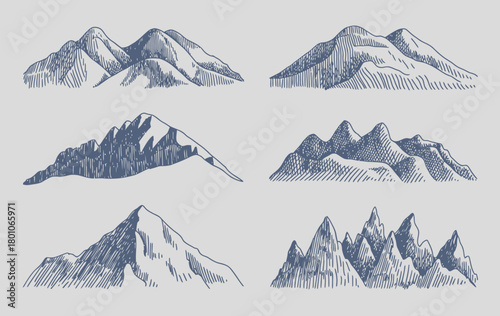 Mountains peaks vintage sketch in engraved hand drawn style for hiking and climbing