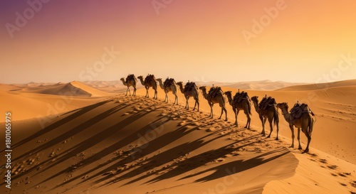 Fototapeta Naklejka Na Ścianę i Meble -  Camel caravan crossing majestic sand dunes at sunset in the desert