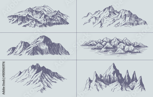 Mountains peaks old looking hand drawn engraved artwork for outdoor adventure use