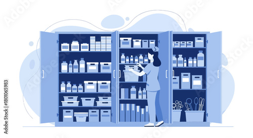 Hospital Professional Organizing Medical Supplies in a Blue Toned Medicine Storehouse