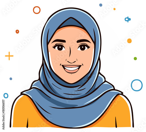 Smiling Muslim Woman in Hijab Cartoon Portrait Illustration
