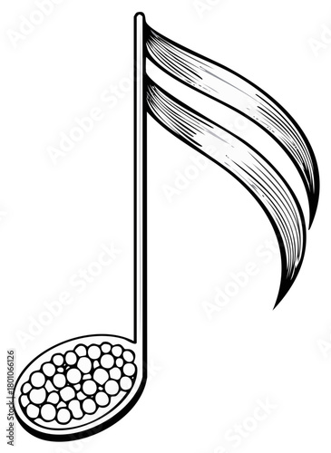 Stylized black and white illustration of a musical sixteenth note with a unique textured head