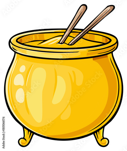 Shiny golden cauldron filled with melted gold or a magical potion cartoon vector illustration