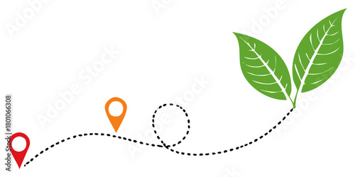 Ecology Path Route With Location Pins and Green Leaves Eco Destination Concept