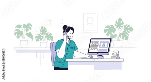 Medical Assistant Takes Call While Working On Computer In Modern Office Environment