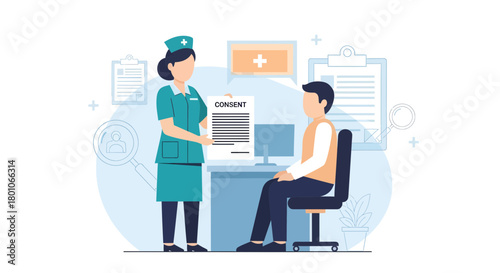 Medical Consent Procedure Illustration Depicting Patient Interaction And Agreement Formalities