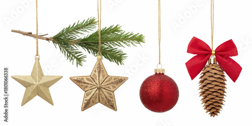 Christmas vector christmas ornaments including stars pinecone and a red bauble hanging against white background decoratively