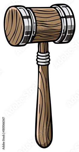 Wooden Mallet Illustration with Metal Reinforcements Hand Tool Isolated on White Backdrop, Cartoon Vector