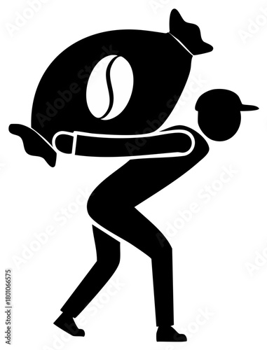 Person carrying a large sack of coffee beans over their shoulder in a stylized black and white graphic