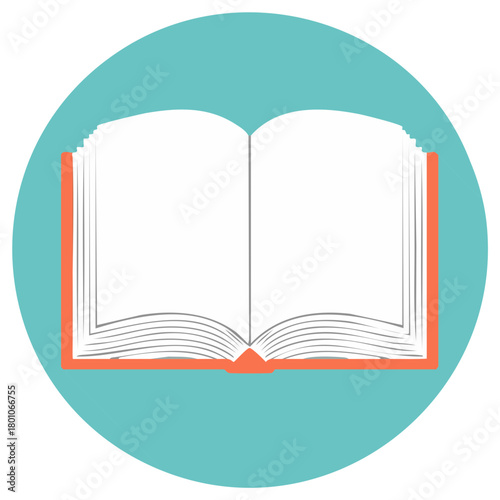 Open book with blank pages and coral cover against a teal circle background